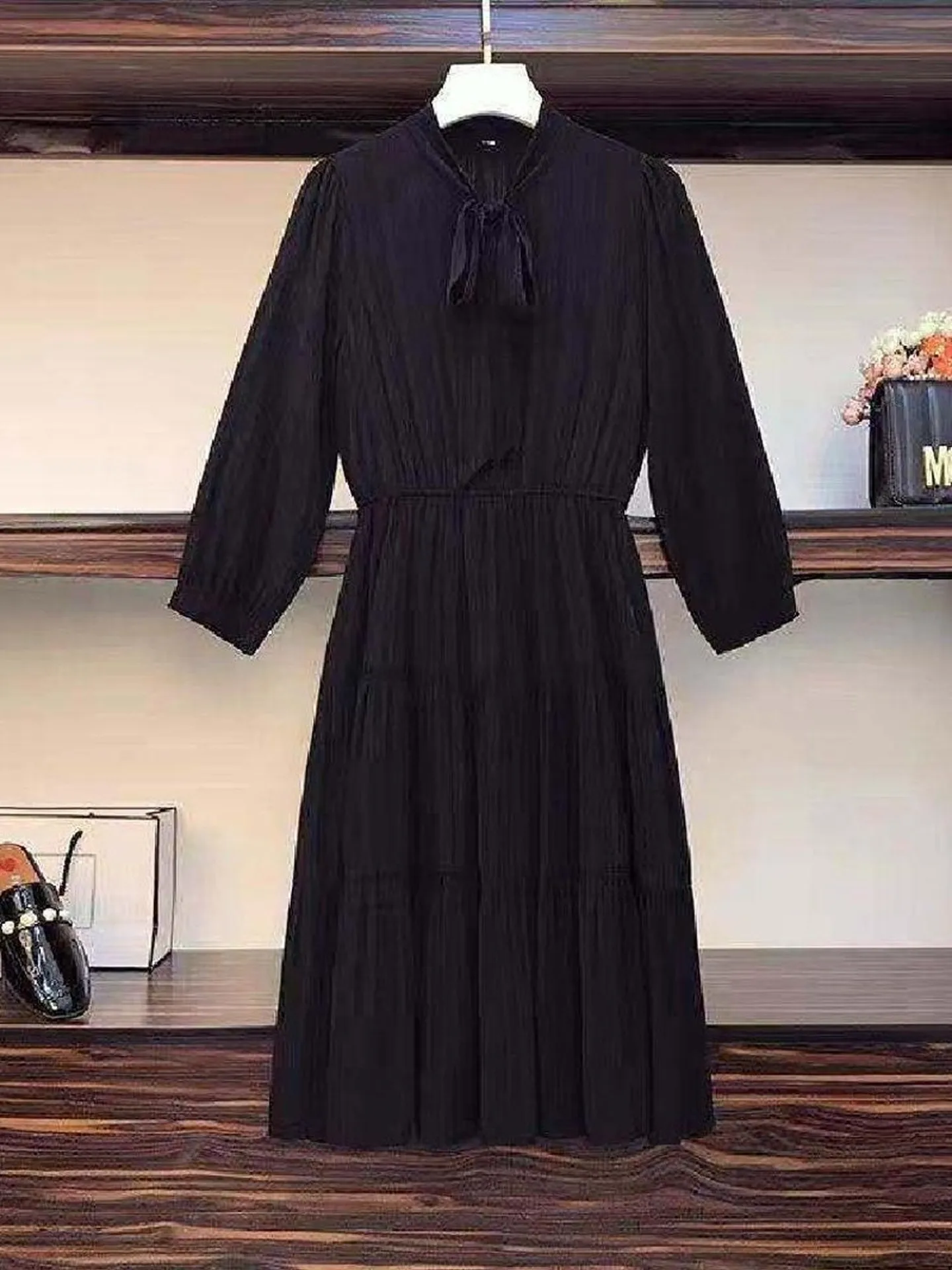 花柄プリントシフォン長袖ワンピース-レディース-春秋ファッション-スリム女神風-ハンカチ柄-ミディアム丈