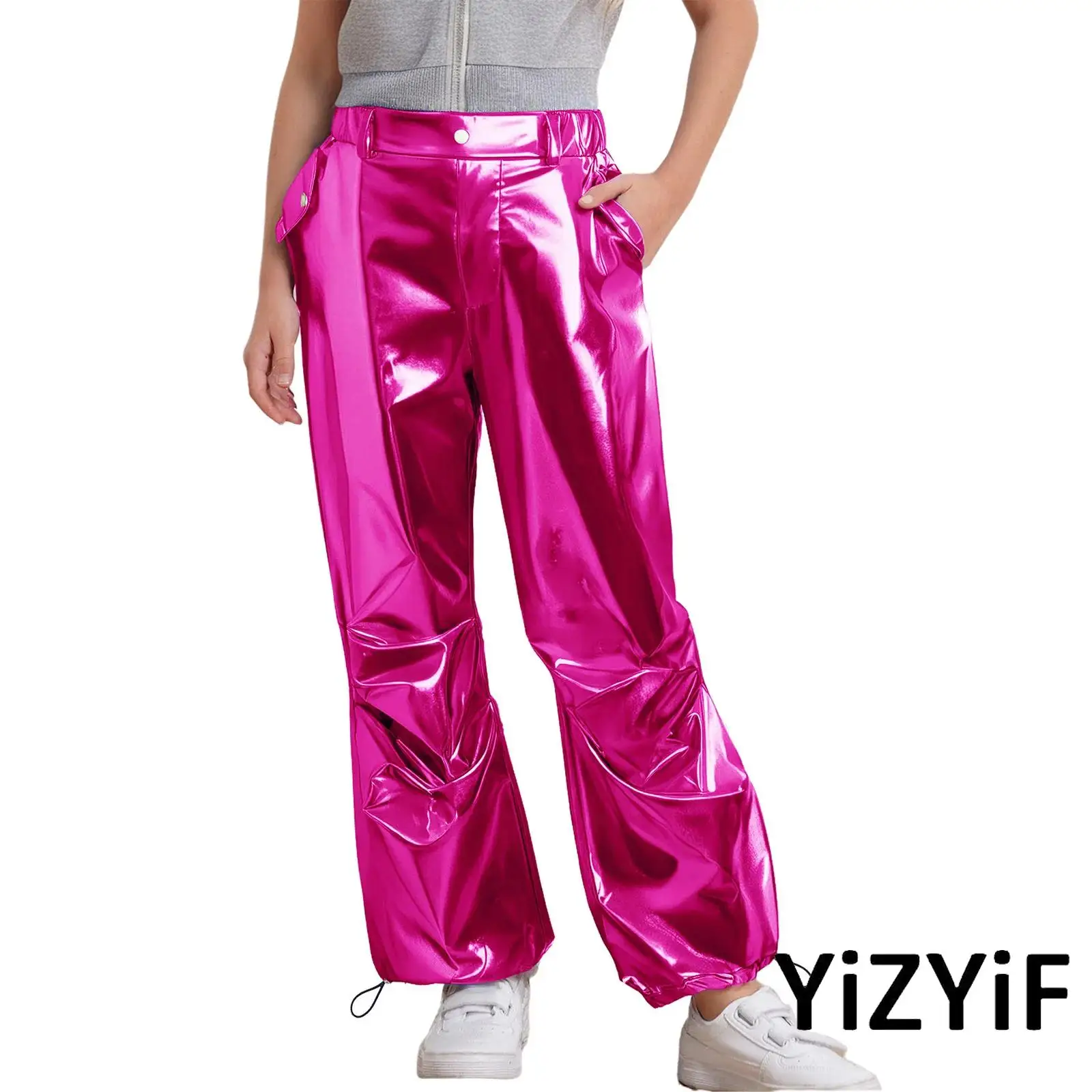 

Kids Girls Fashion Ruched Metallic Cargo Pants Drawstring Leg Opening Trousers with Pockets for Jazz Street Hip-Hop Disco Dance