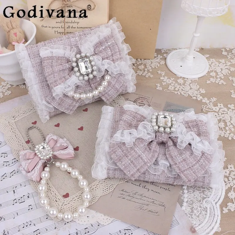 Japanese Original Lolita Sweet Cute Lace Trim Clutch Heavy Rhinestone Bow Wallet