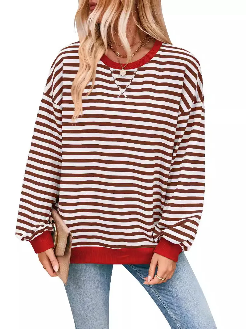 Sudadera con capucha a rayas de colores sueltos para mujer, sudadera de retazos de gran tamaño, Top informal estampado redondo de calle Sle Long Sve