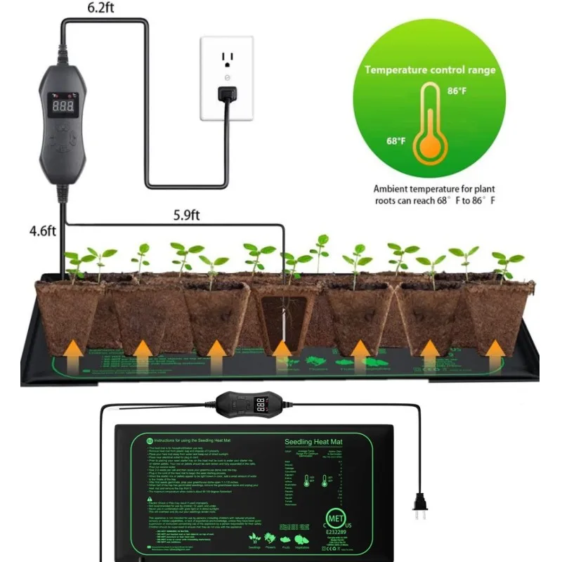 Adjustable Seedling Heat Mat with Thermostat Controller 25cm Temperature Control Heating Pad for Seed Starting Plant Germination