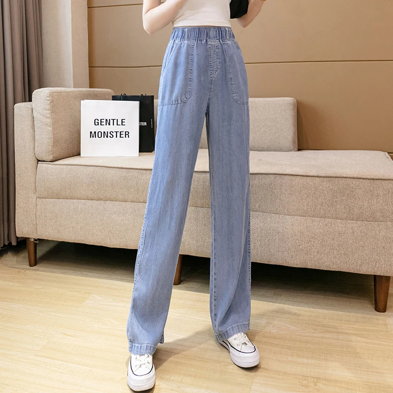 

Women Elegant Straight Loose Denim Pants 2023 Summer Jeans Casual High Waist Wide Leg Trousers Elastic Waist Full Length Pant