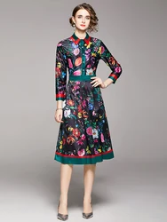 Robe à fleurs rayées pour femmes, col rabattu, manches longues, imprimé floral, tunique mi-longue, robe de soirée plissée, robe éducative, mode de piste, été