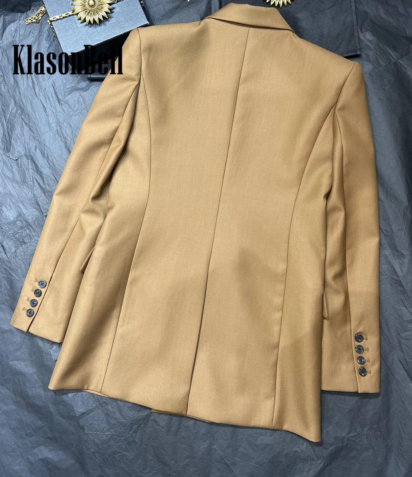 8.2 KlasonBell Women Fashion Temperament Celebrity Same Double Breasted Blazer Wool Blend Shoulder Pads Pocket Casual Jacket