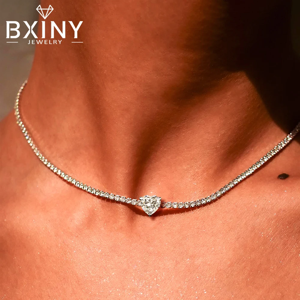 BXINY 1CT Heart Cut Full Moissanite Tennis Choker Necklace 925 Sterling Silver for Women Adjustable Neck Chain Fine Jewelry Gift