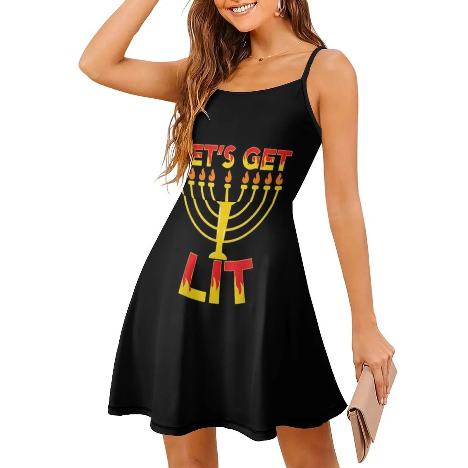 Let39 ; S Get Lit Funny Juish Hannukah Candle Holiday Vestido de fiesta elegante para mujer Vestido de corte A con corto/largo/sin mangas