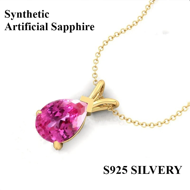 

sapphire S925 silvery necklace for Women, pear shape pink artificial sapphire waterdrop Pendant Necklace 1.5 Carat