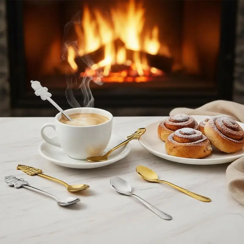 4Pcs Christmas Themed Stainless Steel Spoon Set Santa Snowman Tree Handle Tableware for Xmas Home Table Decoration Gift