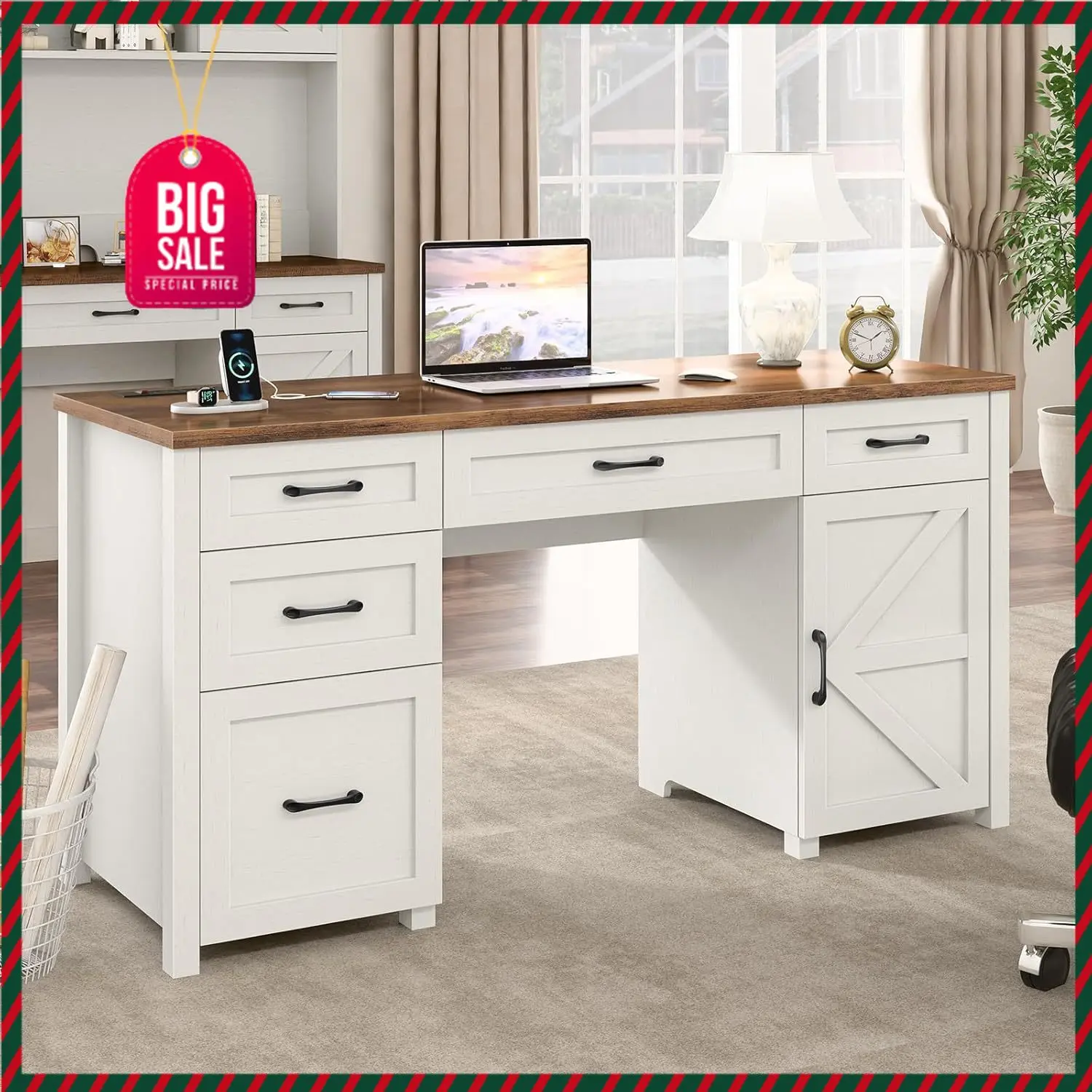 

BestsellerBestsellerBestsellerFarmhouse 61'' Executive Desk with 5 Drawers, Rustic Office Desk Computer Desk with Charging Stati