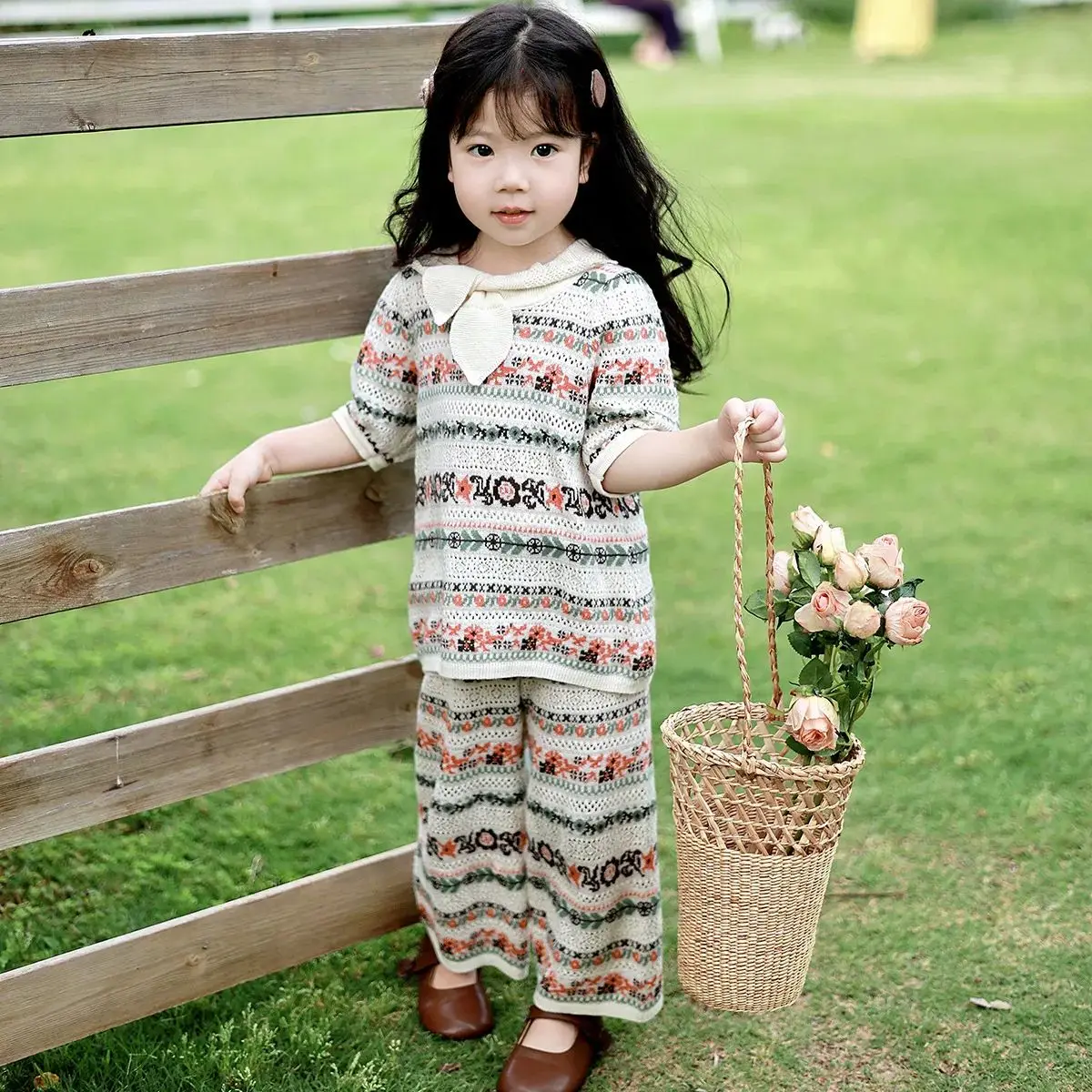 Girls 2026 Summer New Korean Style Retro Hollow Out Short Sleeve T-shirt, Color Block Stripe Niche INS Toddler Kids Tee