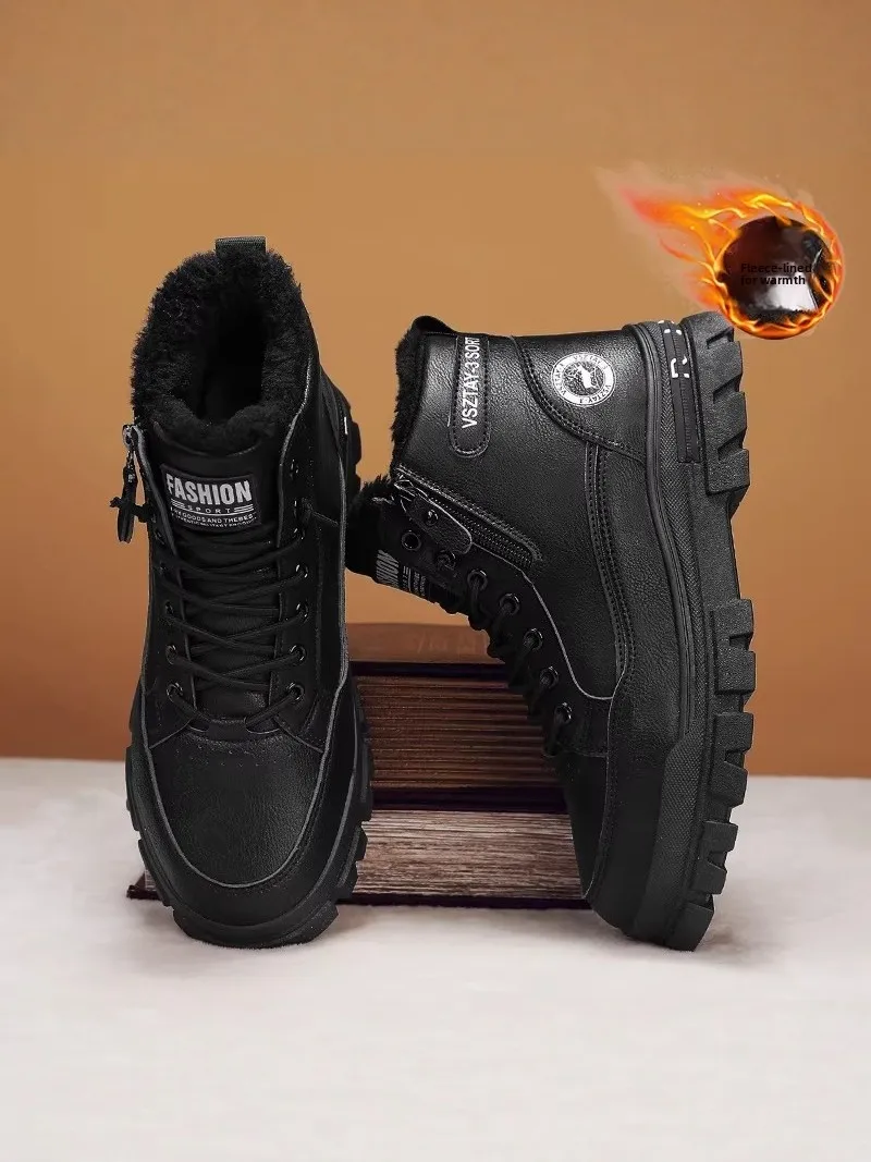 Men's Winter Thickened Fleece Lined  Boots Waterproof Anti-slip High Top Snow Boots Warm Cotton Shoes with Thick Sole