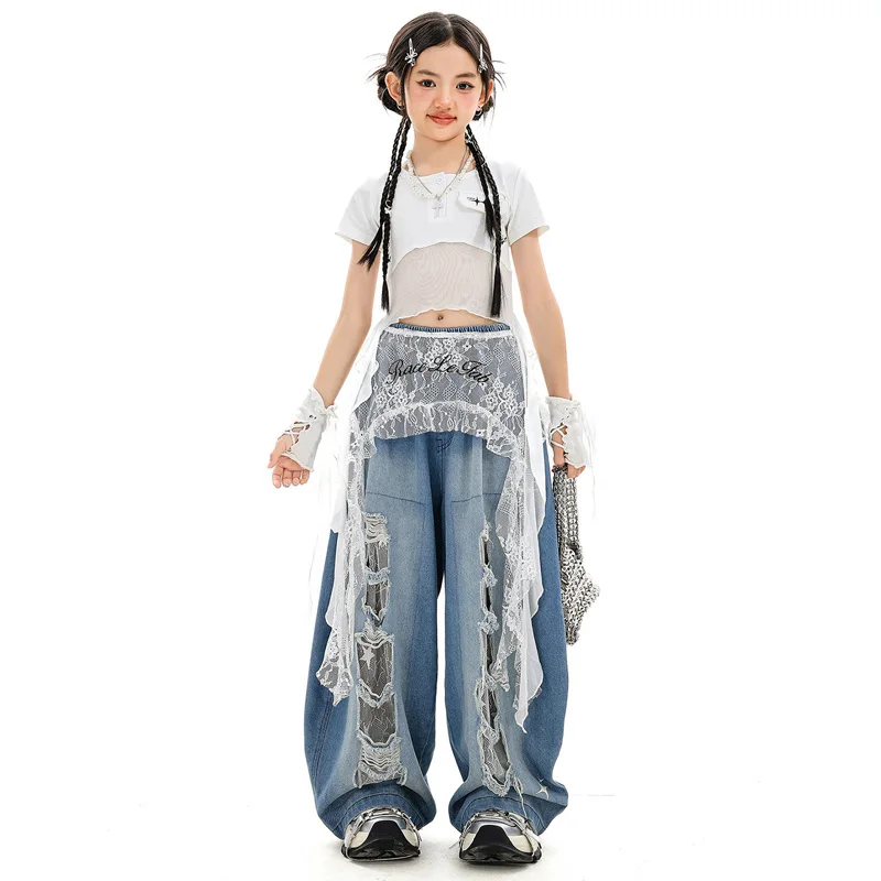 Koreanische Jazz Dance Band Cropped Top Straße Sheer Patchwork Kurzarm T Denim Hosen für Mädchen Kind Hip Hop Dance Tragen Kostüm