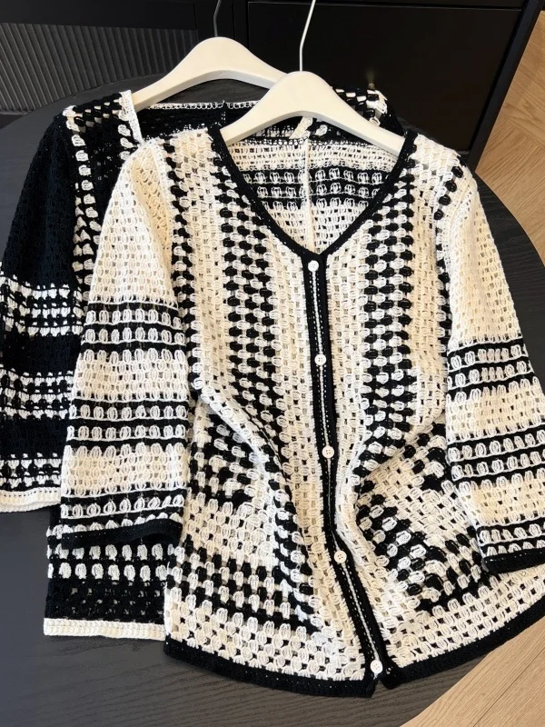 V-Ne Knitted Open Cardigan plus Size Women Casual Hollow out Color Blo Outerwear Autumn Top Comfortable Versatile plus Size