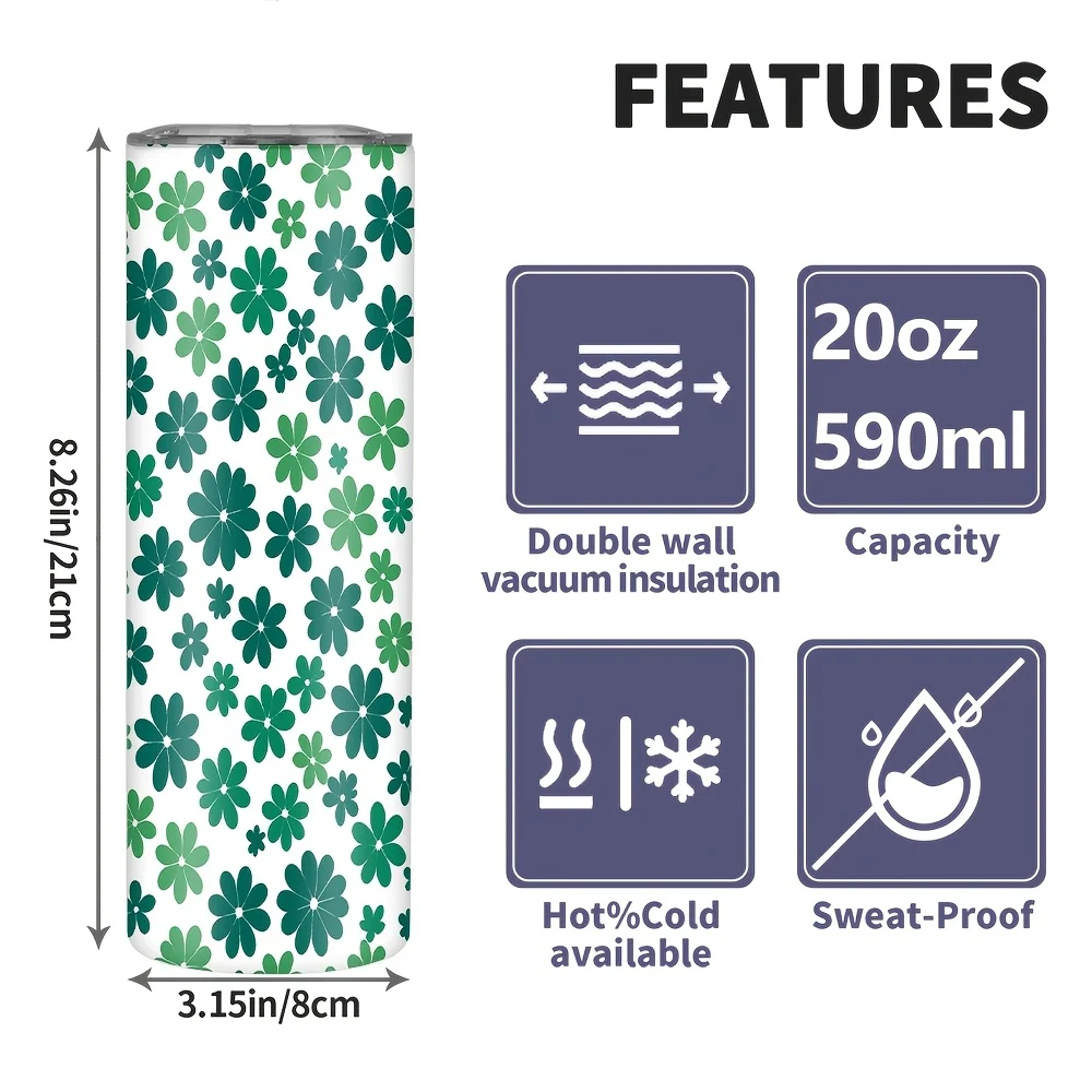 1pc of a 20Oz (590Ml) Double-Walled Stainless Steel Insulated Skinny Tumbler Featuring a Straw And Lid, Perfect for Outdoor Travel Coffee. It Has a Green Floral Design, Making It an Excellent Gift for Holidays, Birthdays, And Parties