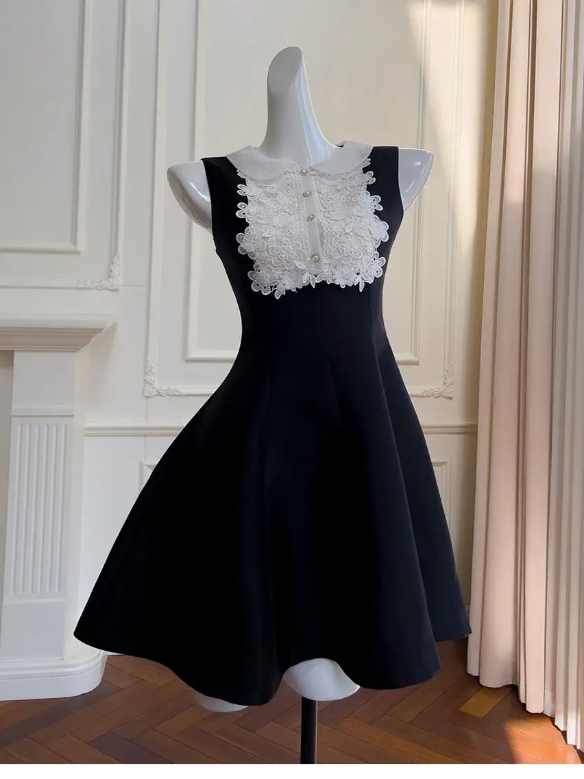 فستان أسود قصير بدون أكمام بتصميم عتيق مع ياقة دانتيل، تنورة قصيرة على شكل حرف A من ألياف البوليستر، أسلوب حلو للمناسبات العا...