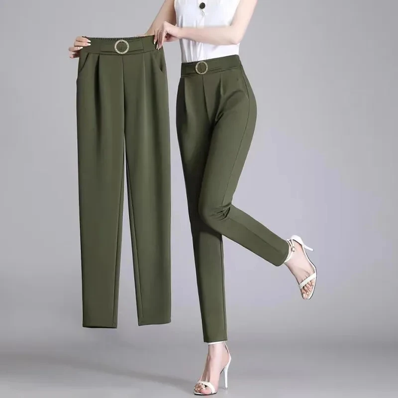 

Korean Simple Thin Women Casual Pants Spring Summer Solid Elastic High Waist Pocket Loose Fashion Breathable Big Size Trousers