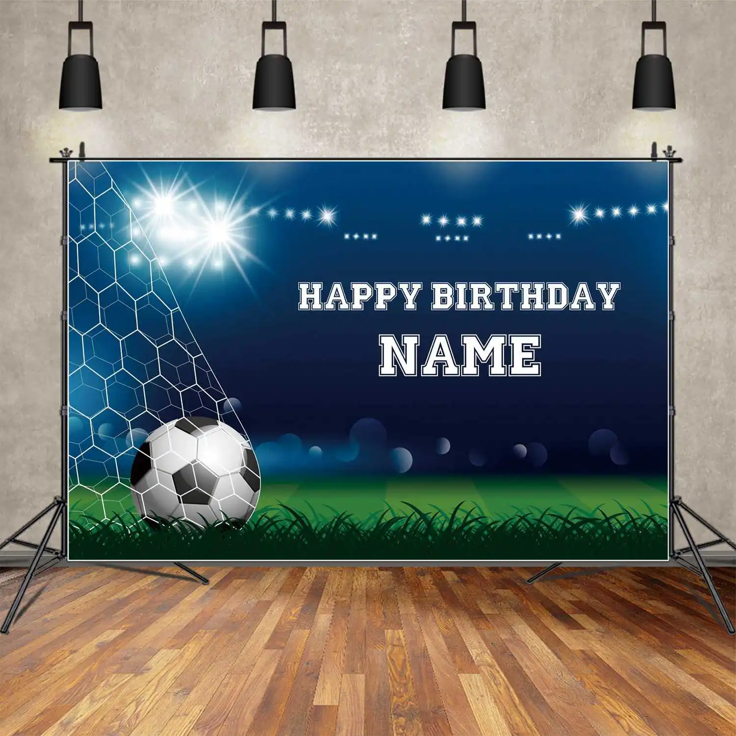 MOON.QG Backdrop Customized Happy Birthday Blue and Green Football Soccer Field Background Children Party Decoration Photo Booth