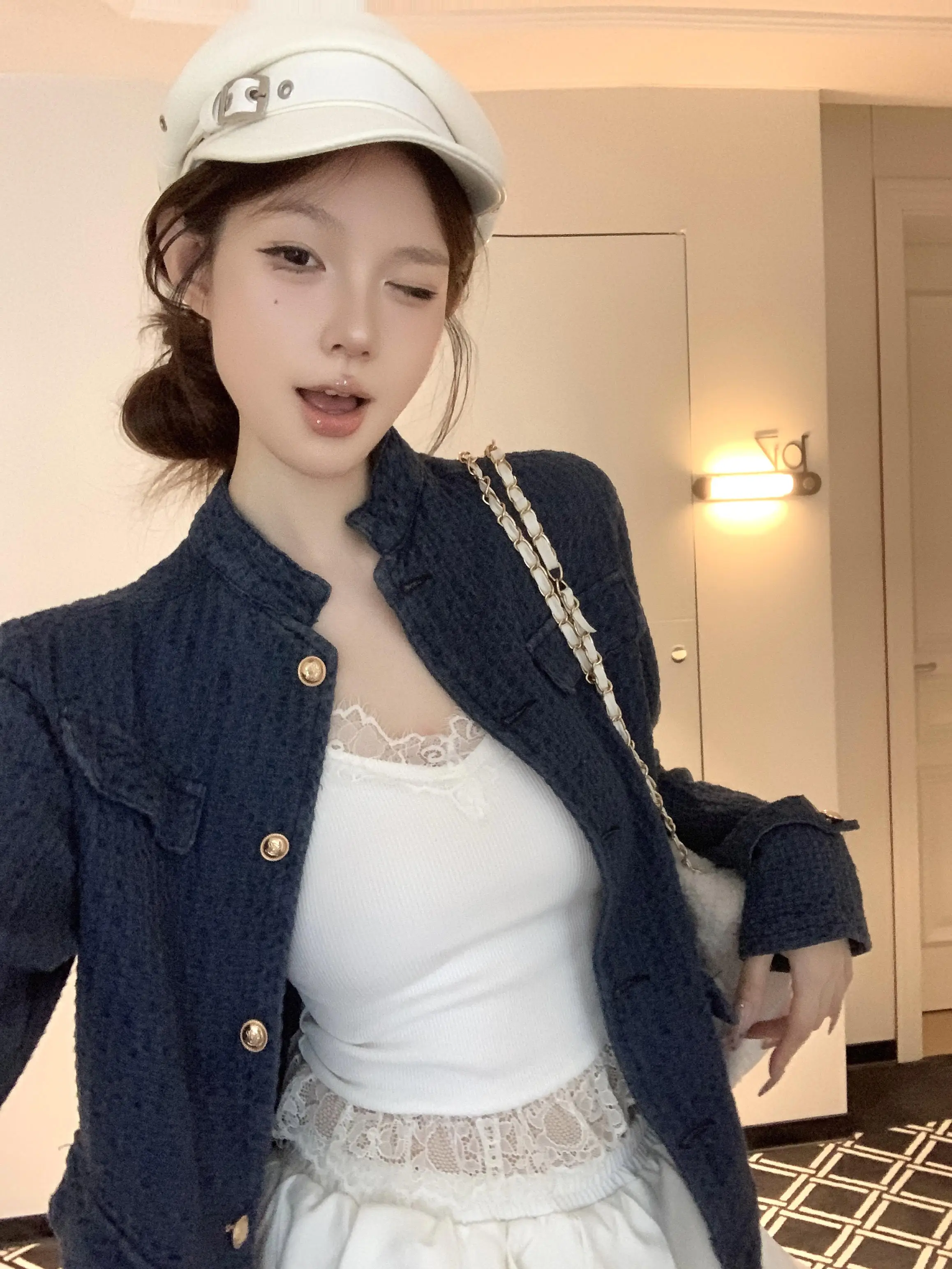 

Tweed Jacket Brown Womens Winter Folds Splicing Contrast Patterned Textured Stitched Thermal Warm Cozy Heavy Thick Comfy Relaxed