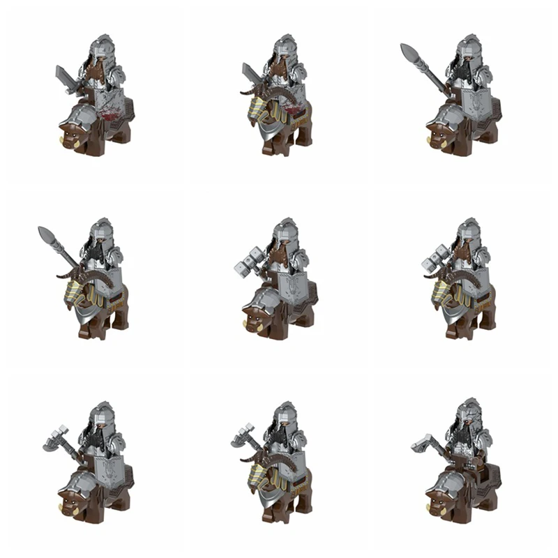 1pcs Medieval Knights Dwarf Goat Boar Mount Soldiers Mini Ation lotr Figures Building Blocks Armor Shield Weapon Toys For Kids