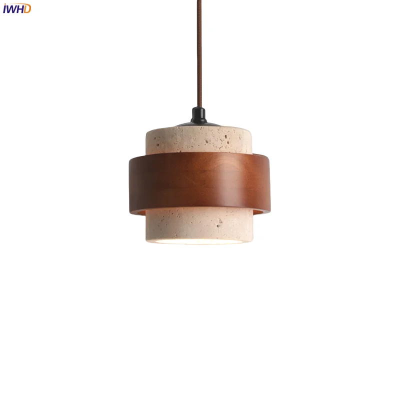 

IWHD American Vintage LED Hanging Lamp Home Decor Bedroom Living Room Loft Cafe Wood Yellow Travertine Pendant Lights Hanglamp