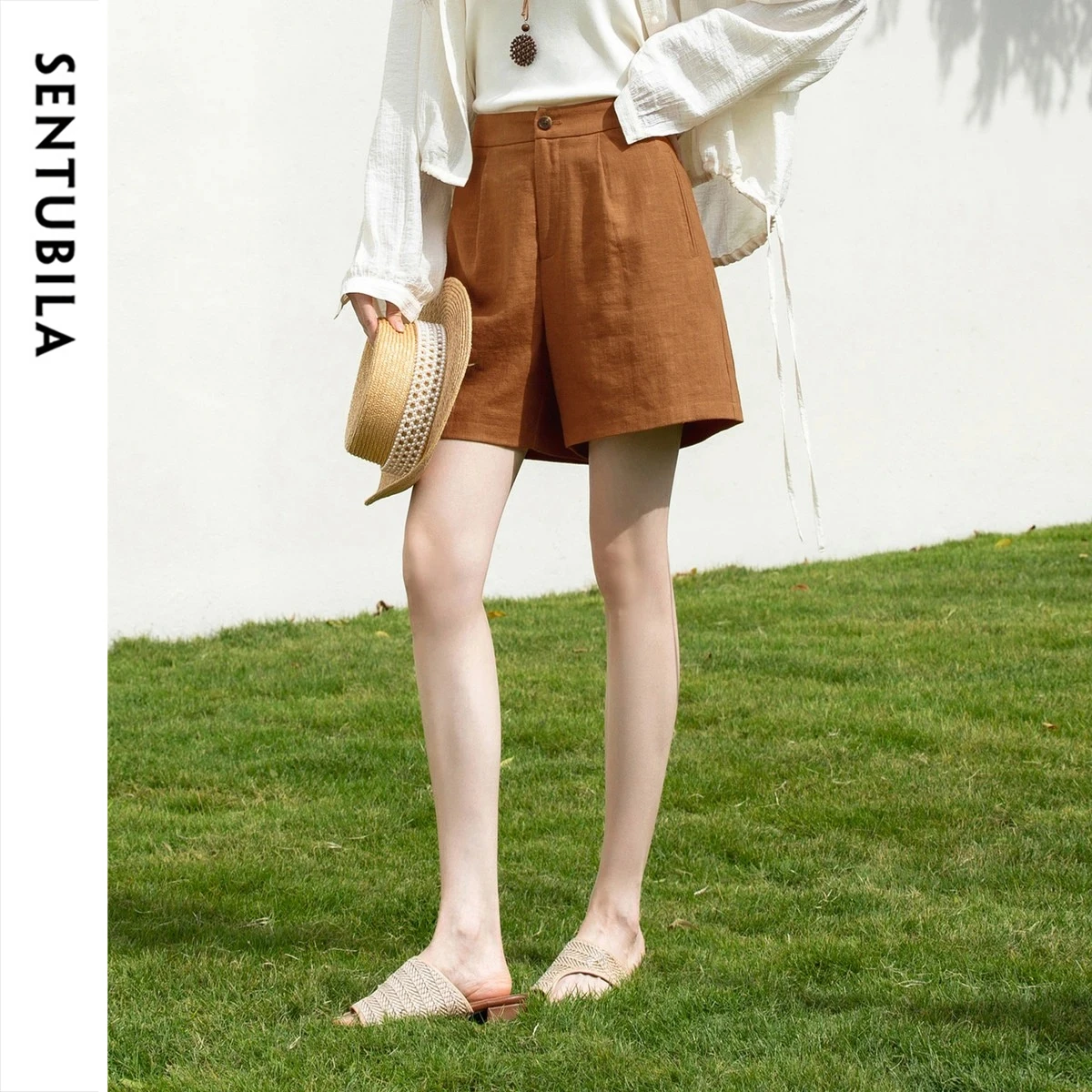 SENTUBILA Women's Summer Shorts 2026 New Minimalist Commute Wide Leg Pants Linen Cotton Loose Casual Shorts for Ladies 161KU4840