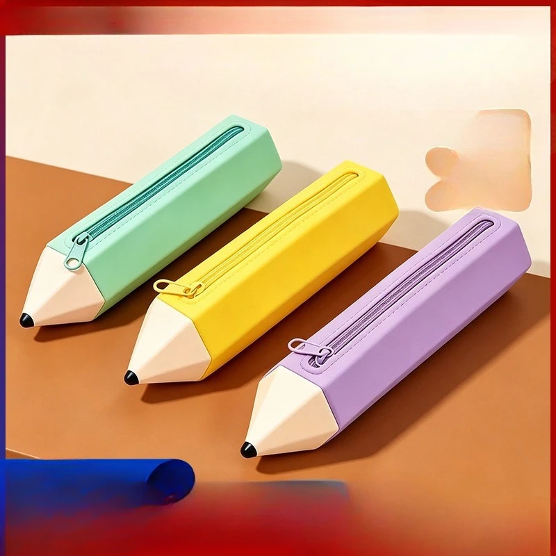 Creative pencil shape large capacity primary and secondary school students stationery storage bag zipper silicone pencil case