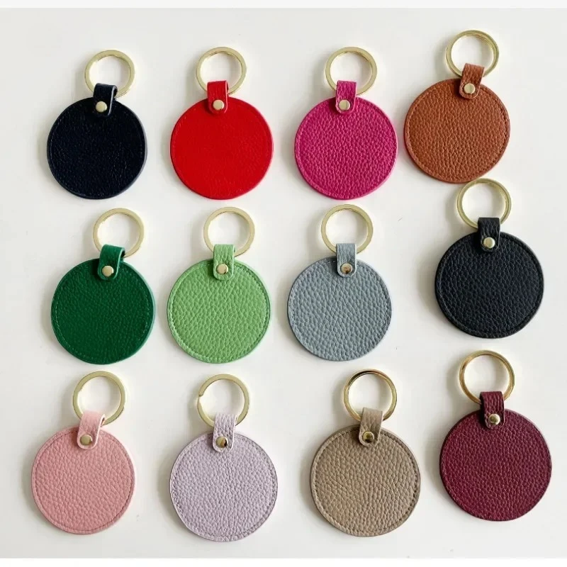 

Laser Engrave Round Keyring Custom Lychee Patterned PU Leather Keychain Bag Accessory Personalize Print Logo Circular Key Chain