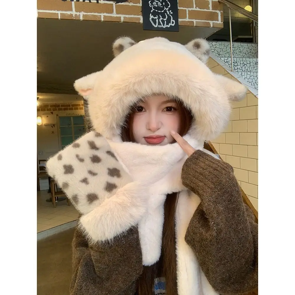 3 Piece Set Leopard Print Lamb Fur Hat Set 54cm To 59cm Head Circumference Polyester Faux Mink Fur Winter Hat Set Cold Proof