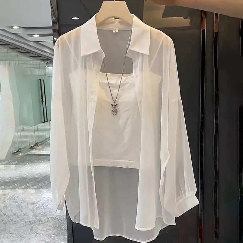 

Pearlescent Yarn 2024 Summer New Loose Versatile Fashion Mid length Shirt Thin Commuter Versatile Perspective Sunscreen Clothing
