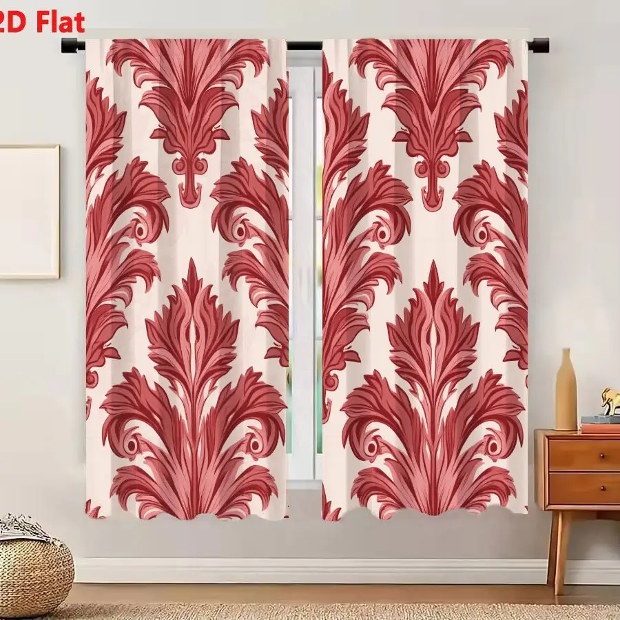 2Pcs Curtains 2D Flat Classic Damask Pattern With Intricate Floral Motif And Red Pink Leaves On Cream Background Window Drapes f