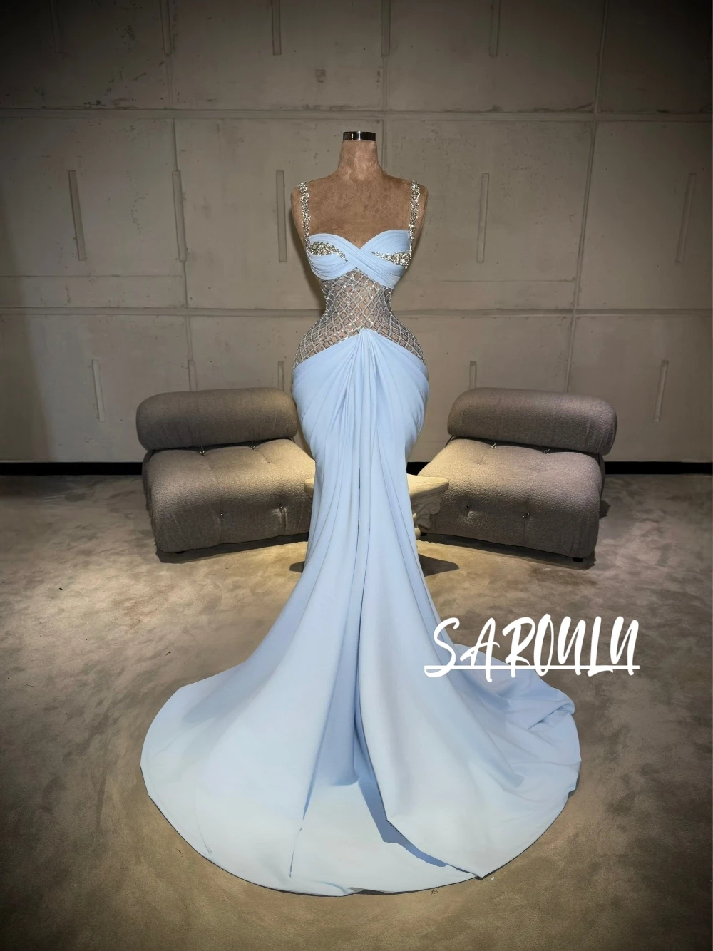 

Popular Floor Sweeping Train Blue Customized Charming Prom Gown Sexy Sequined Mermaid Elegant Pleated Evening Dress New Arrival