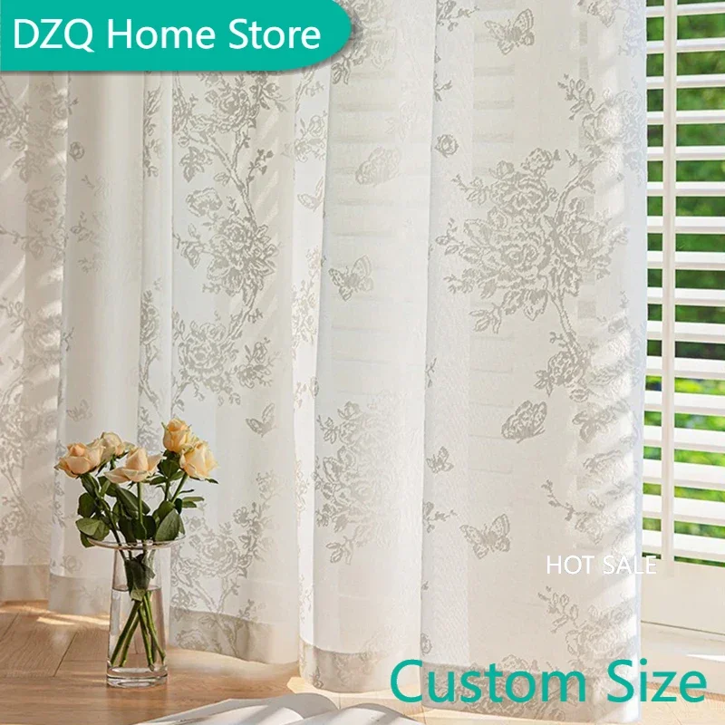 

French Romantic Rose Butterfly Cut Flower Semi Sheer Curtains for Living Room Bedroom White Elegant Light Filtering Drapes