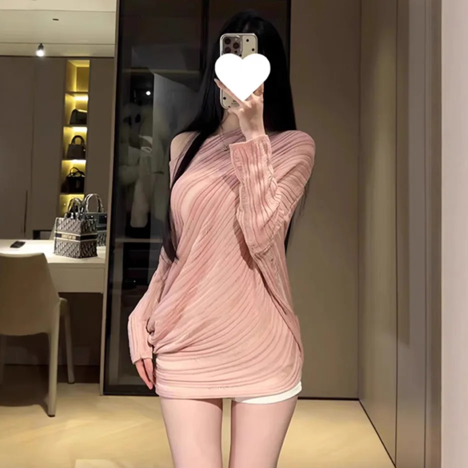 

2025 Black Hollowed-out Knitted Sweater Female Summer Hottie Slim Off-the-shoulder Versatile Sexy Top