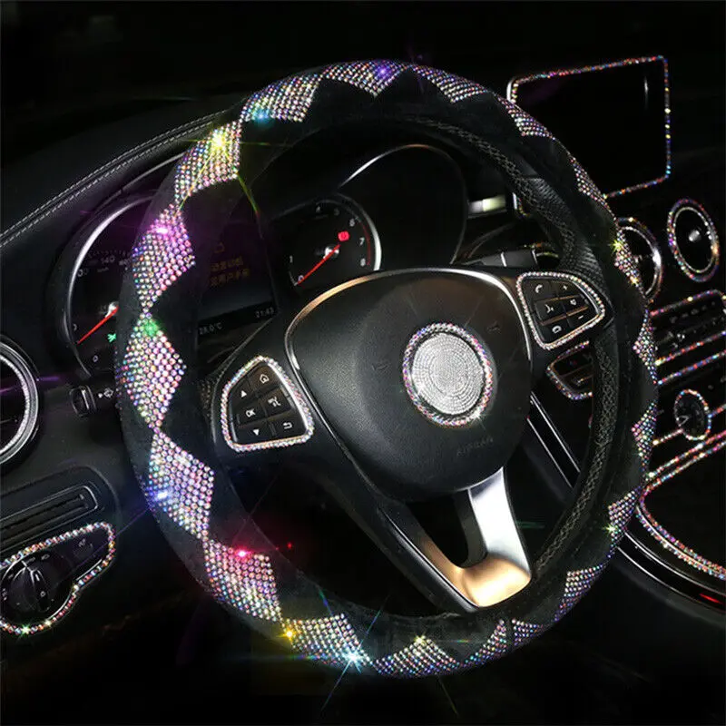 Tampa brilhante do volante do strass do diamante, acessórios universais da decoração do carro