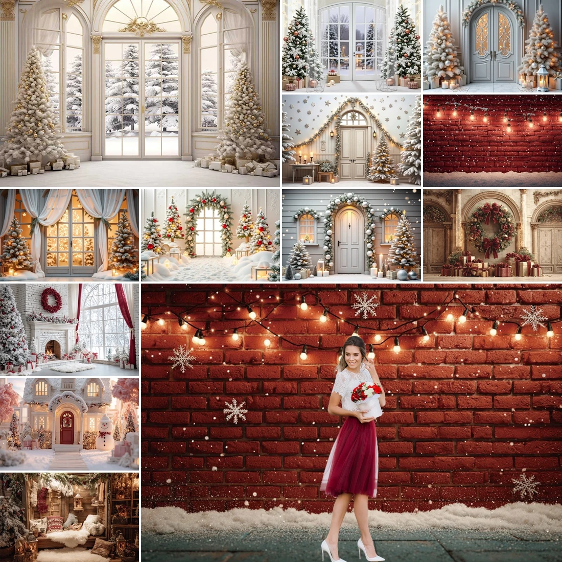 

MOON.QG Vintage Christmas Backdrops For Photography Bows Sofas Porch Wreath Backgrounds Family Photo Studio Party Decorations
