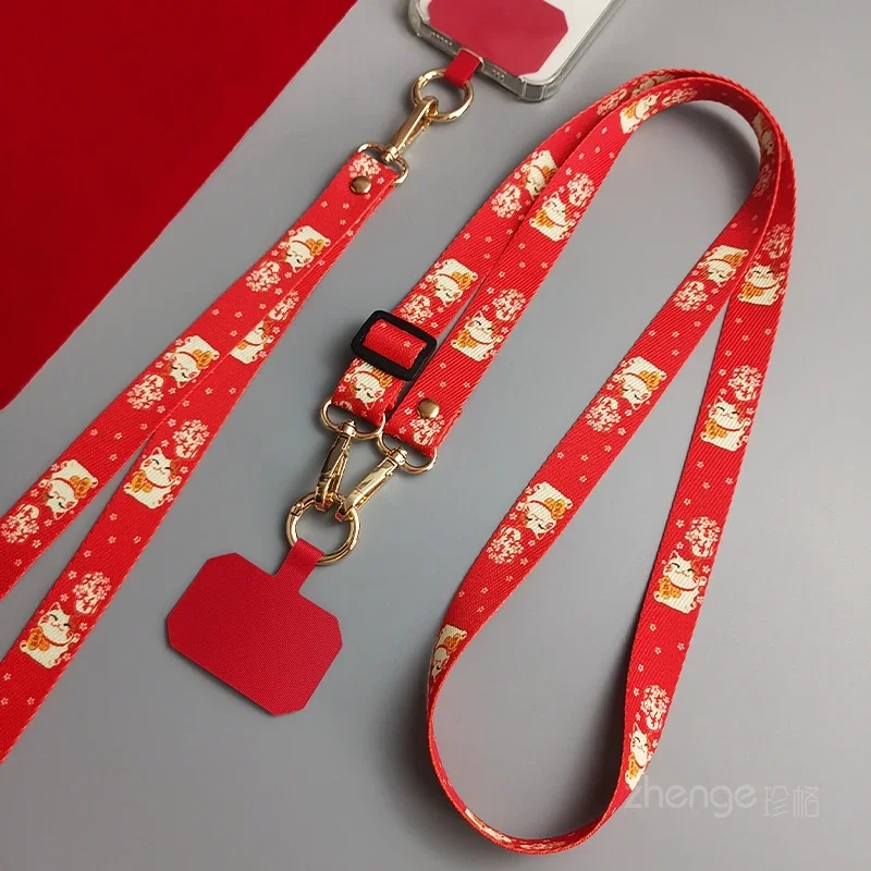 Sakura Zhaocai Cat Mobile Phone Lanyard Strap Crossbody New Year Wind Nafu Red Rope Clip Type Mobile Phone Case Universal Rope