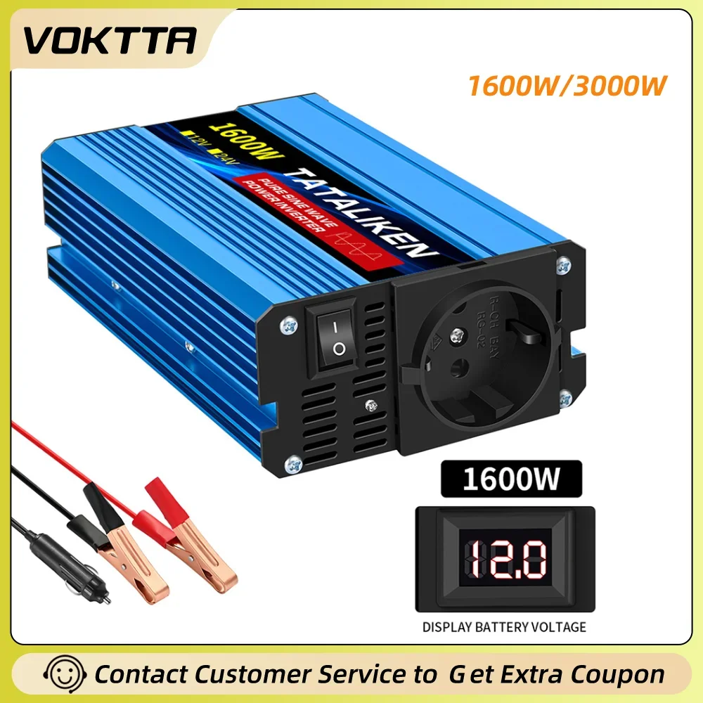 

Цифровой автомобильный инвертор с чистой синусоидой, 12В в 220В, EU, 1600Вт/3000Вт, для автомобиля/дома, для электродвигателей и холодильников