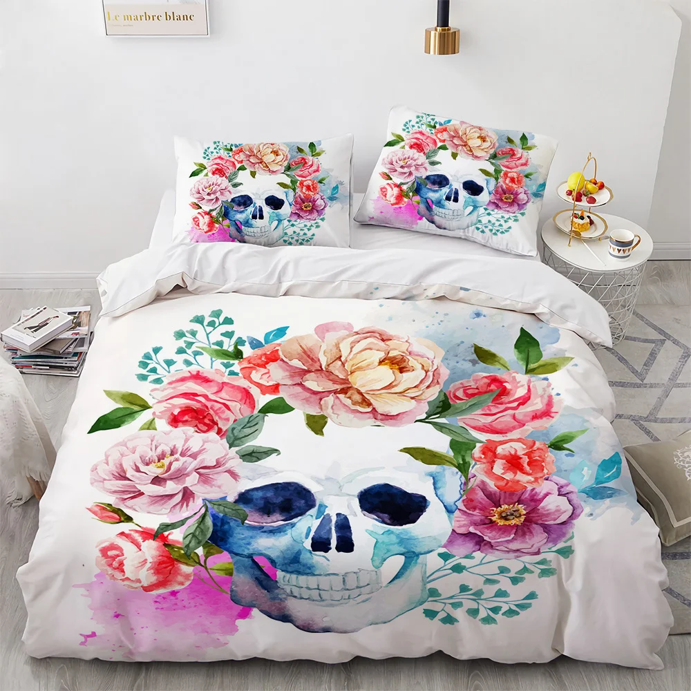 Skull Flowers Pattern Duvet Cover Set Halloween Gift Polyester Bedding Set King Queen Full Size Comforter Cover With Pillowcase