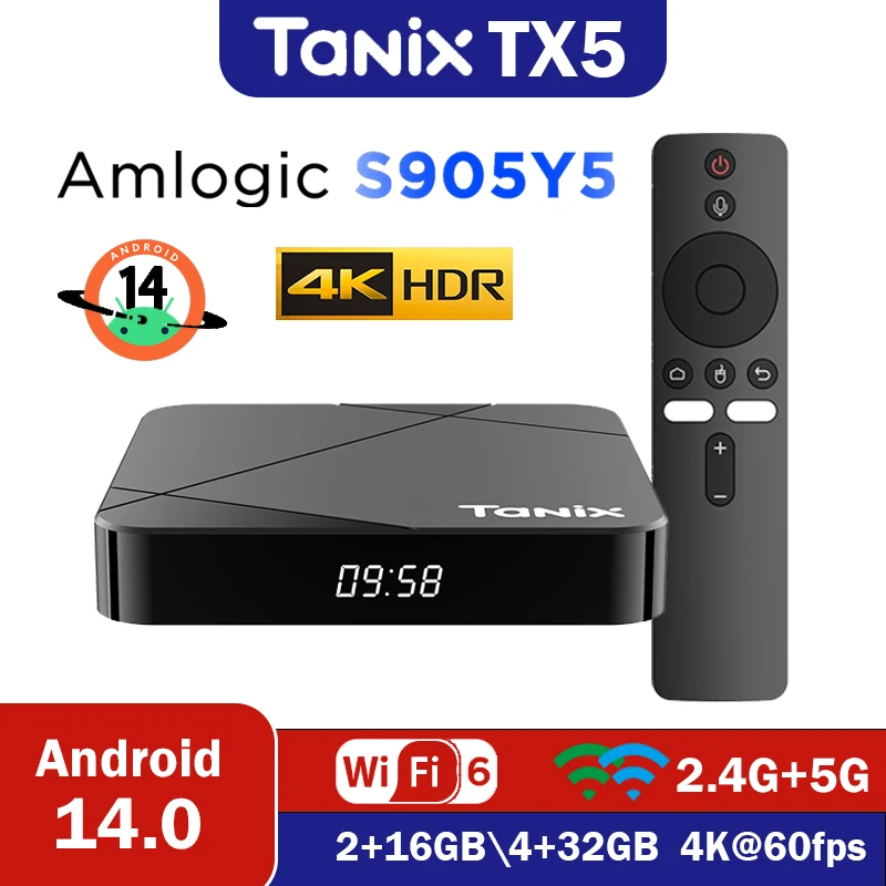 Tanix TX5 Android 14,0 TV Box Amlogic S905Y5 Smart TV Box compatible con 4K @ 60fps 2,4G y 5G Wifi6 HDR10 + BT reproductor multimedia decodificador