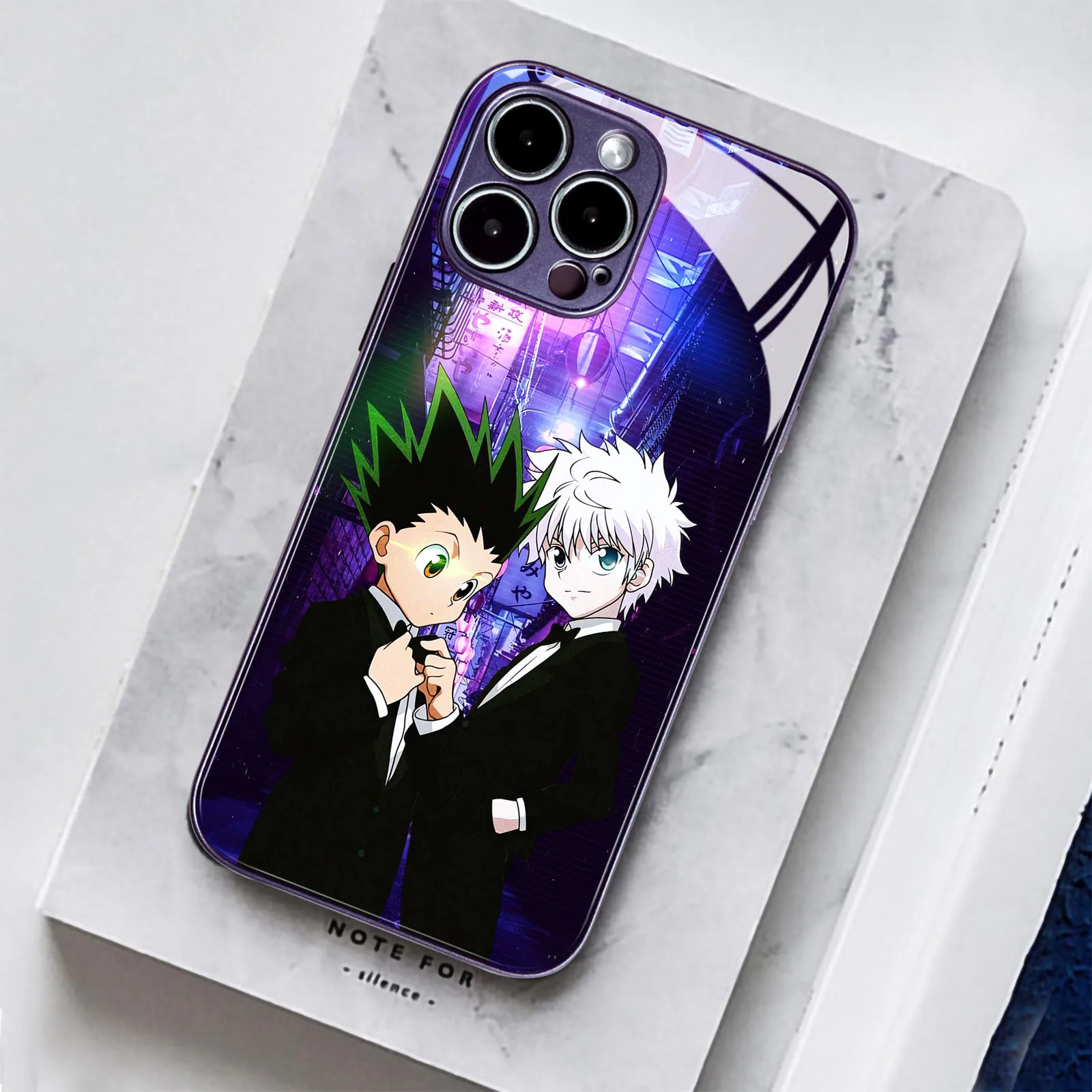 Killua and Gon Anime Character TPU Tempered Glass Colors Purple Phone Case for iPhone 13 12 Mini 7 8 14 15 Plus 11 14 15 Pro Max