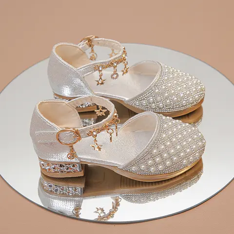 Girls High Heeled Shoes for Wedding Party Glitter Rhinestone Pendants Shiny Glitter Fashion Princess Kids Leather Dress Shoes