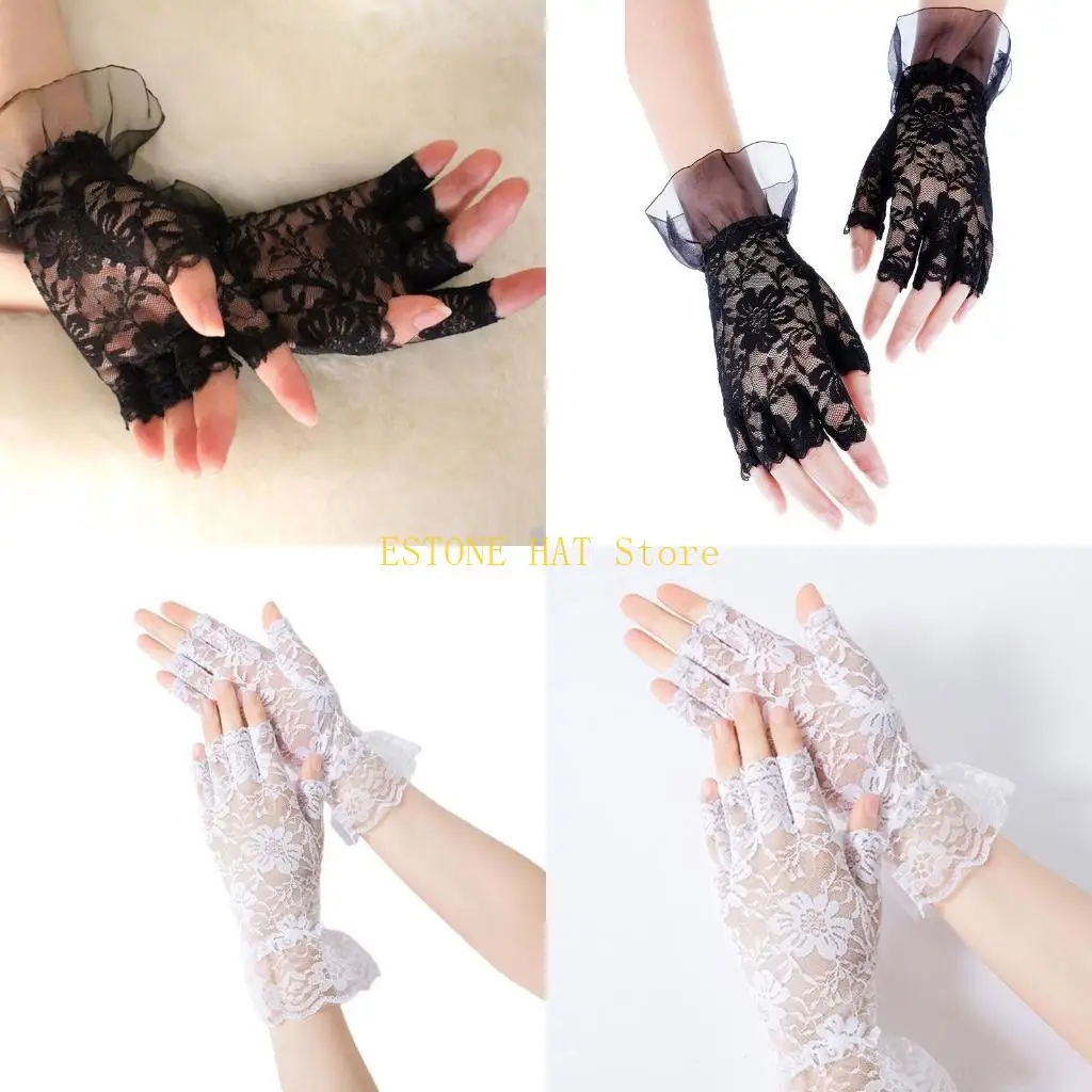 49MF Summer for Touch Screen Gloves Wedding Party Bride Mittens Lace Half Finger Glov