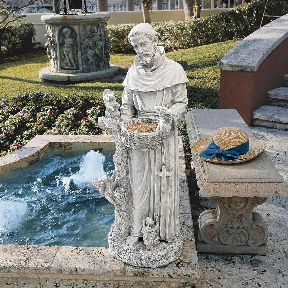 Nurturer Francis Assisi Religious Garden Decor Statue Bird Bath Feeder, Large, 37 inch, Cast Stone Resin, Antique Stone