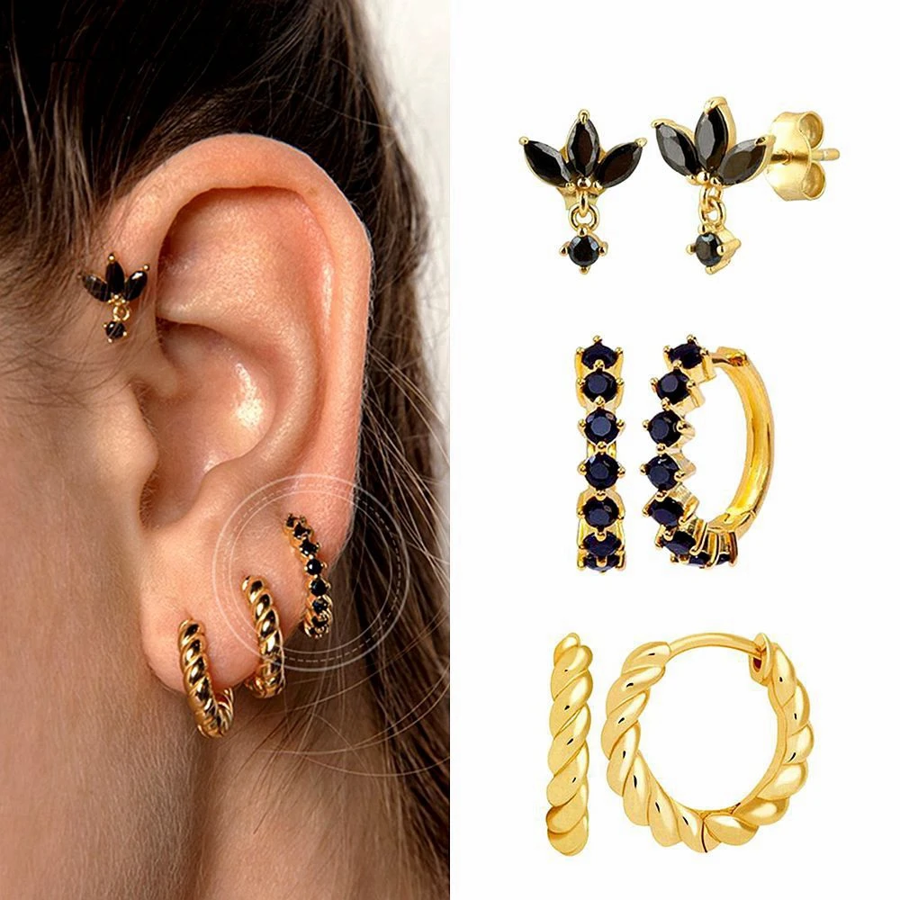 

925 Sterling Silver Needle Black Zircon Earring Set Vintage Gold Color Small Hoop Earrings for Women Party Fashion Jewelry Gift