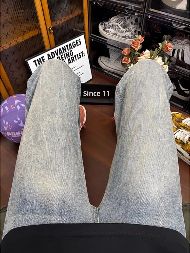 بنطلون جينز رجالي بنمط الخيزران البراق، تصميم صيفي ضيق مستقيم بأسلوب الشارع الأمريكي الرجعي