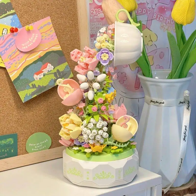 

Senbao Flower Face Tea Language Eight Tone Box Building Blocks Waterfall Bouquet Rose Music Box Assembled Toy Girl Birthday Gift