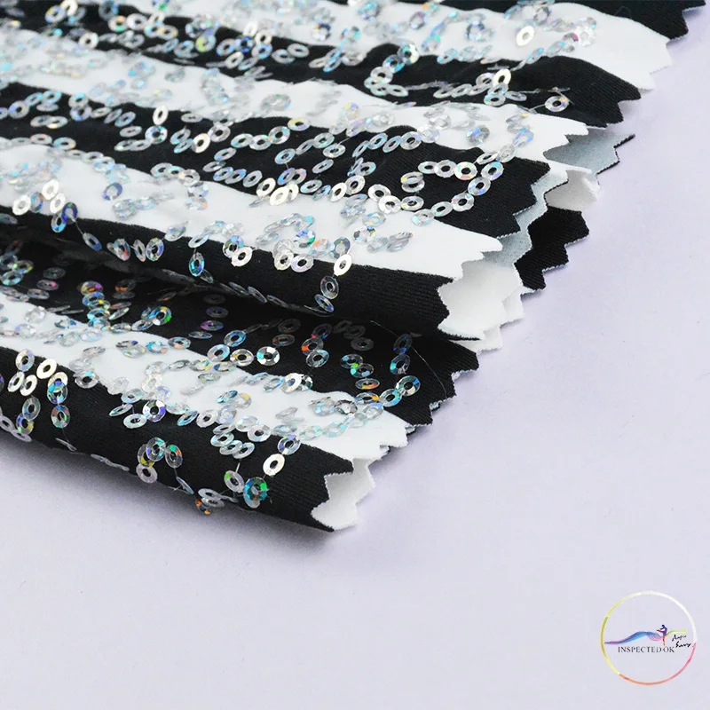 Black White Sequins 3mm  Fabrics Shiny 4ways Stretch Knit Embroidery Dance Dress Sparkly Fabric for DIY Dress Clothes Wide130cm