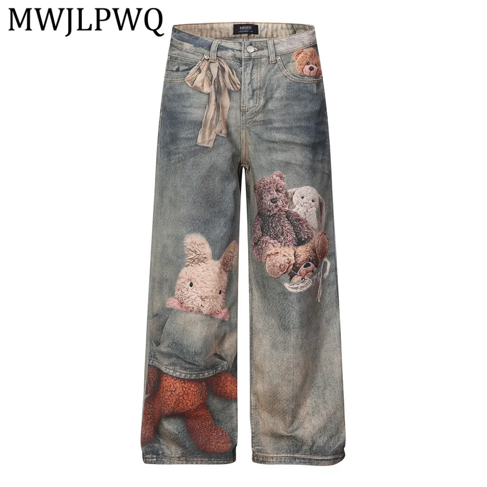 

MWJLPWQ Printed Wide-Leg Jeans Men's Trendy Punk Distressed Washed Design 2026 Spring Autumn Loose Straight-Leg Trousers 14638