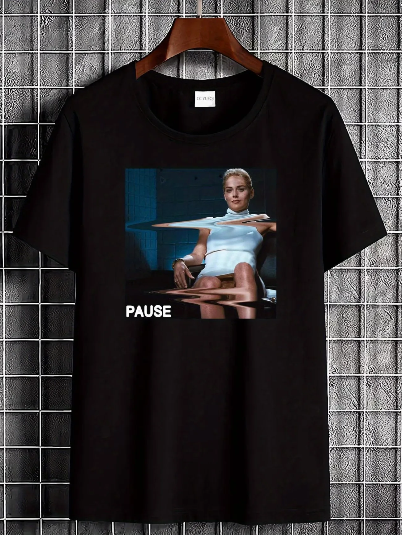 Basic Instinct Movie T-Shirt Sharon Stone Pause Leg Scene Iconic Film Round Neck Tee with Pause Print Unisex Movie Fan Apparel