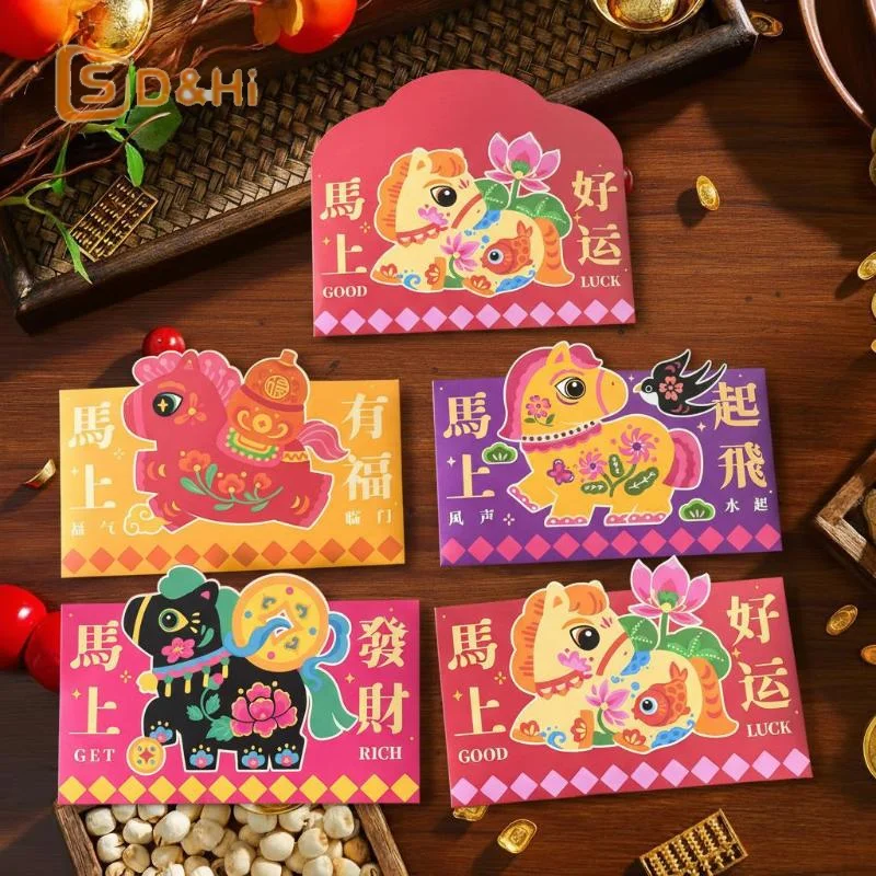 

4/6pcs New Year Of The Horse Folding Red Envelope Cartoon Pattern Traditional Money Envelope Festival Hongbao Chinese New Year